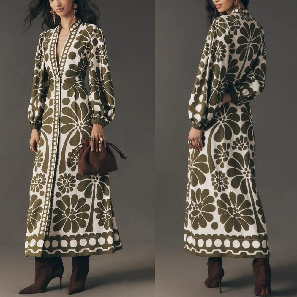 FARM RIO Green Palermo Buttoned Puff Sleeve Maxi Dress